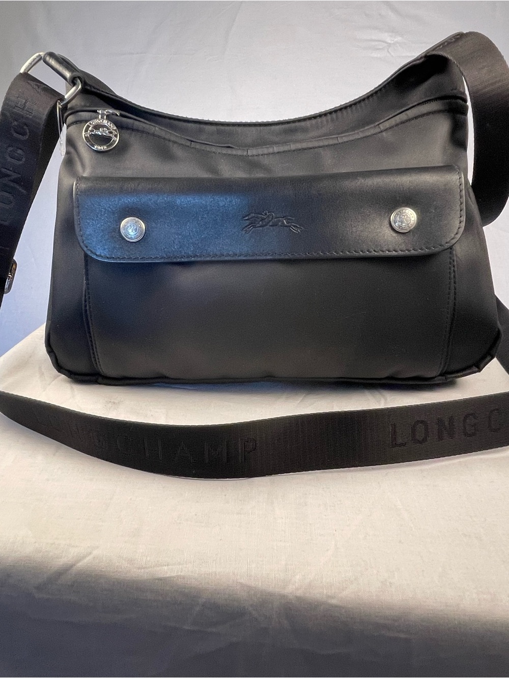 Longchamp Black Leather Messenger Bag with Branded Strap